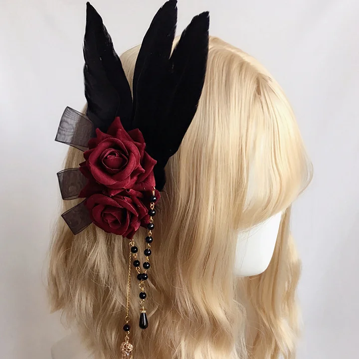 Lolita Accessories Burgundy Rose Vintage Headband Hair Headwear and Accessories Hairpin KC Lolita Hairpin Dress Hat