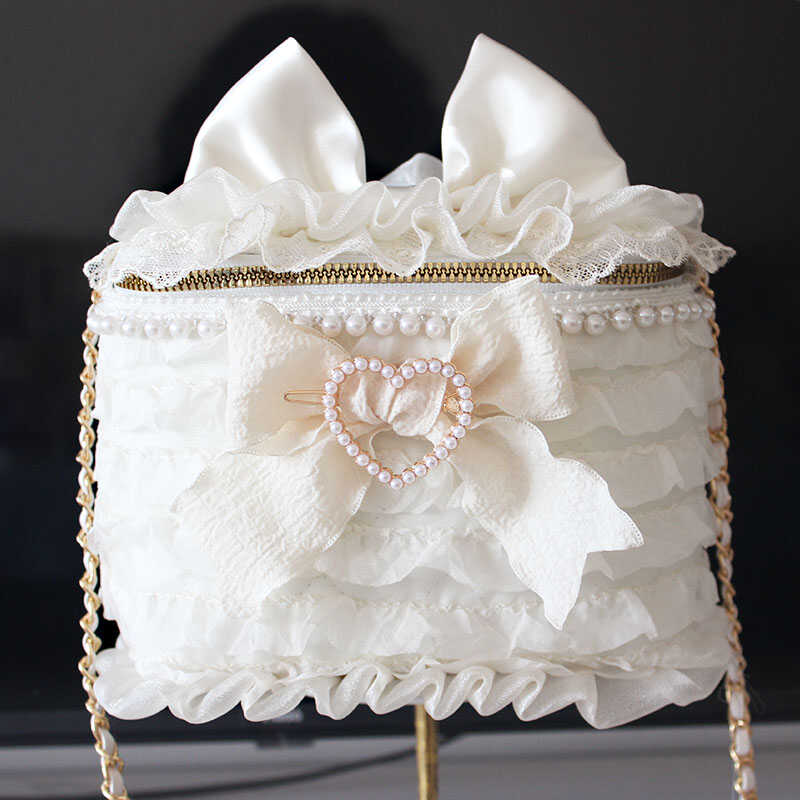 Lolita Bag Sweet White Bow Pearl Ruffle Lolita Accessories