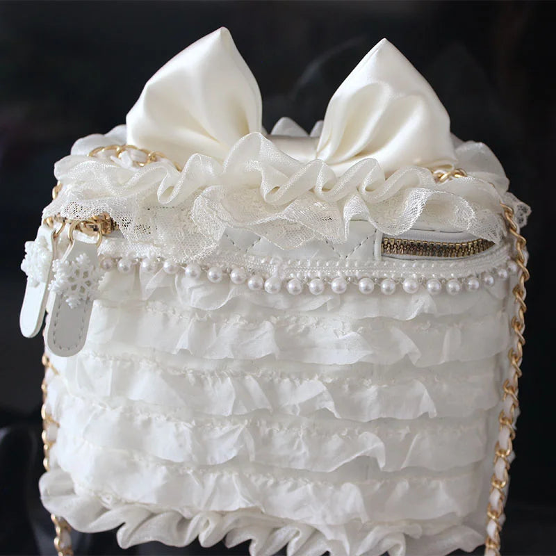 Lolita Bag Sweet White Bow Pearl Ruffle Lolita Accessories