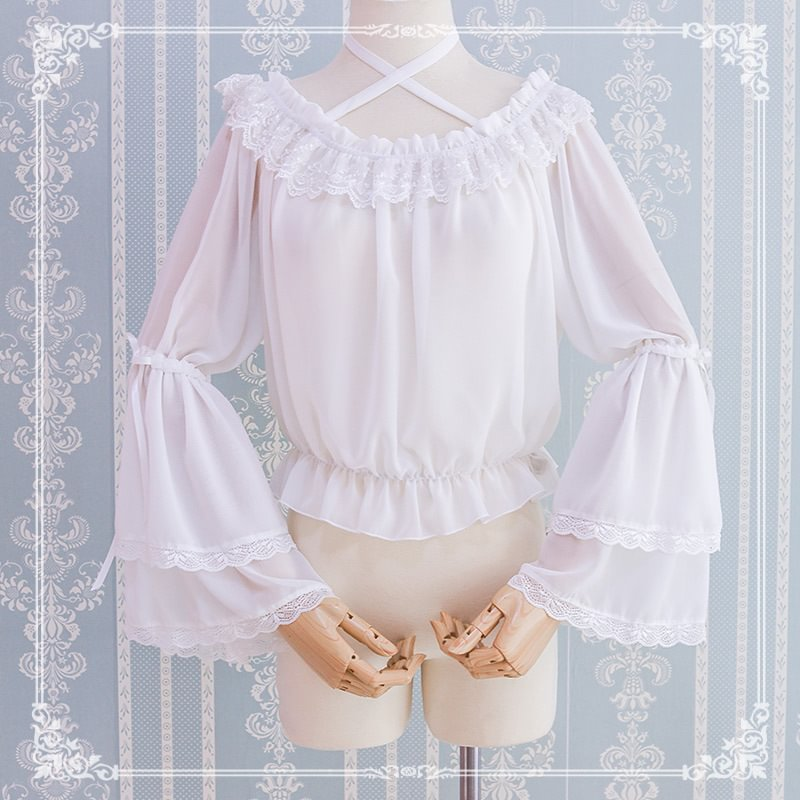 Lolita Blouse Summer Chiffon White Sweet and Cute One-Neck Black Shirt Blouse