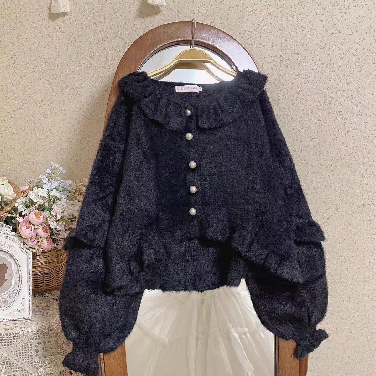 Lolita Coat Bubble Sleeve Knit Cardigan Sweet Ruffled Soft Girl Autumn Winter Coat
