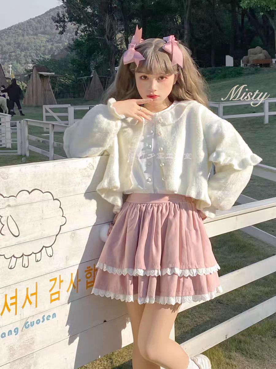 Lolita Coat Bubble Sleeve Knit Cardigan Sweet Ruffled Soft Girl Autumn Winter Coat