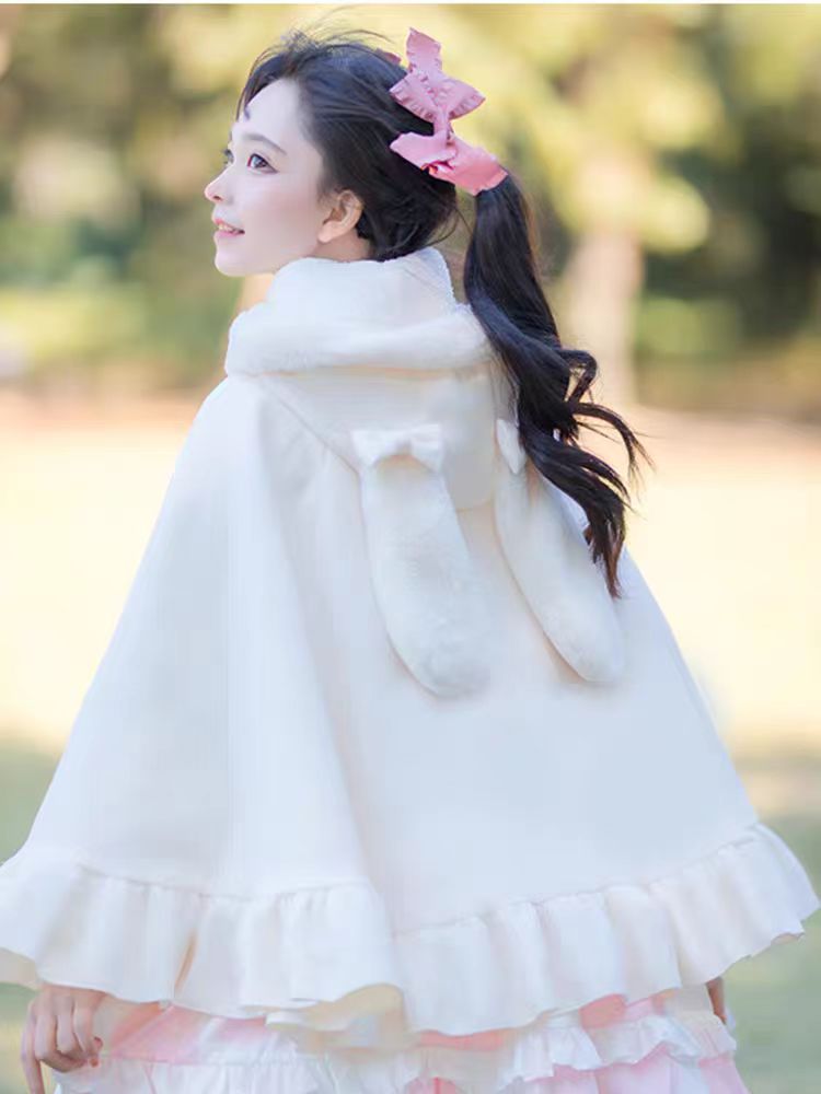 Lolita Coat Thick Warm Plush Fleece Capelet with Hooded Cloak for Women Winter