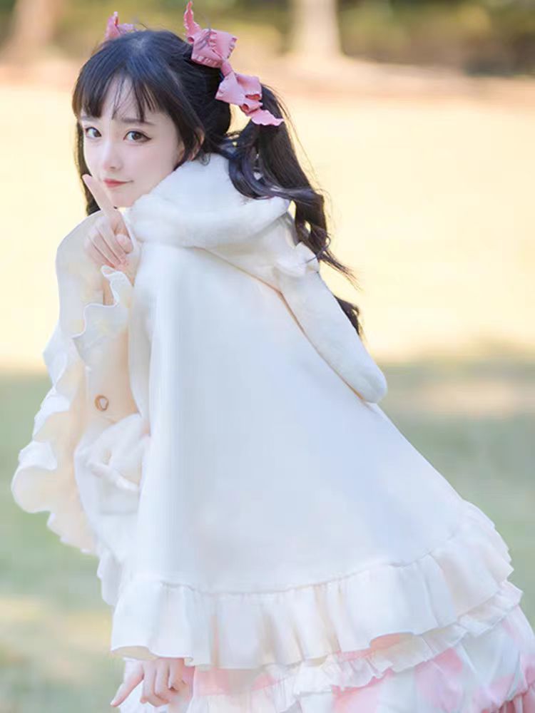 Lolita Coat Thick Warm Plush Fleece Capelet with Hooded Cloak for Women Winter