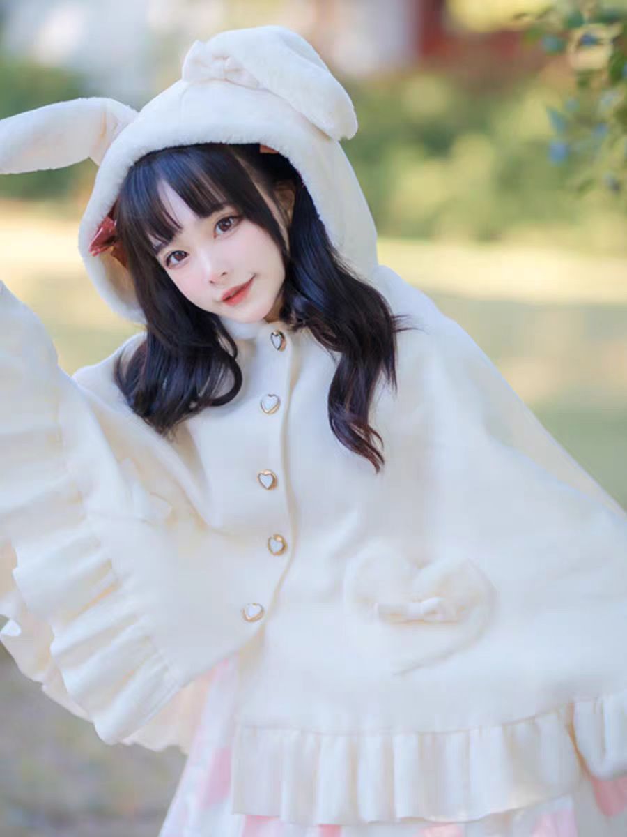 Lolita Coat Thick Warm Plush Fleece Capelet with Hooded Cloak for Women Winter