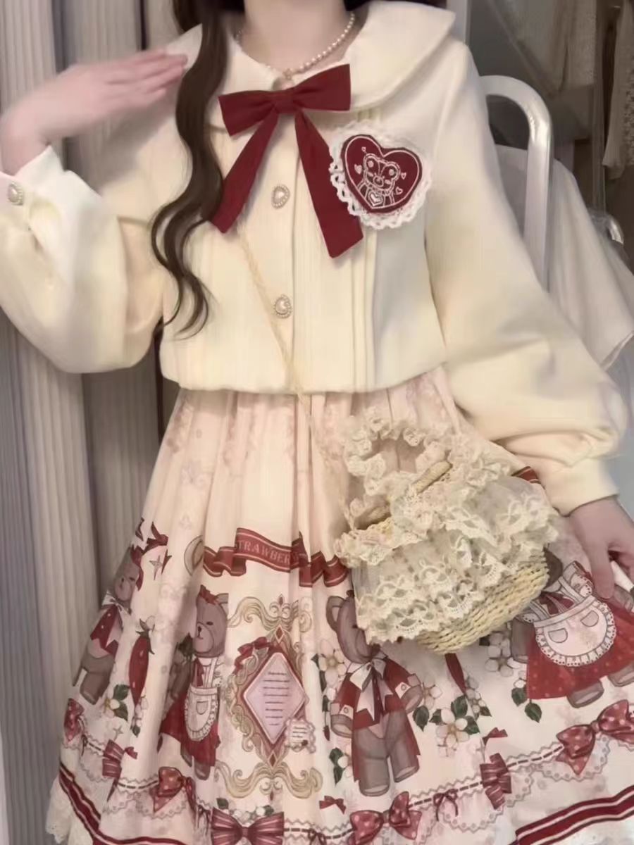 Lolita Coat Winter Two Piece Outfit Sweet Dress with Outerwear Holiday Set