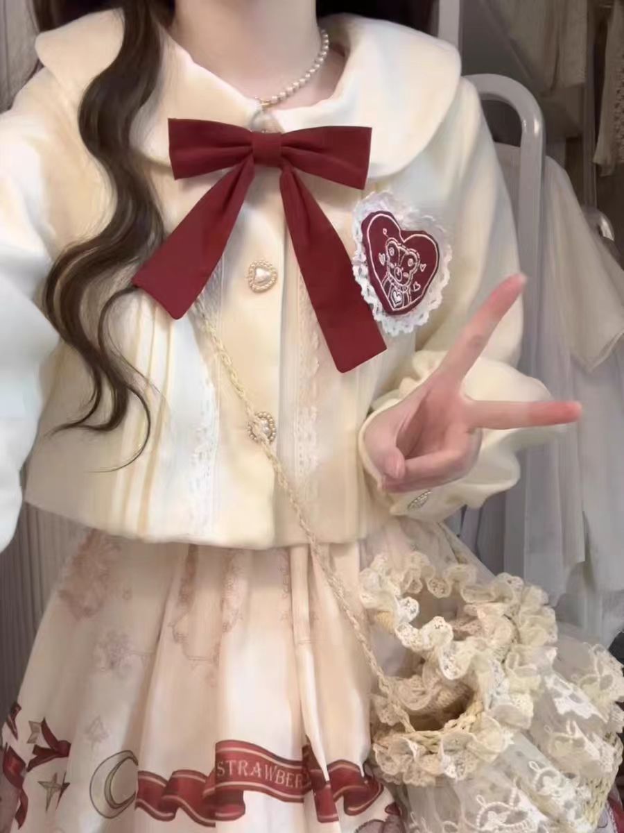 Lolita Coat Winter Two Piece Outfit Sweet Dress with Outerwear Holiday Set