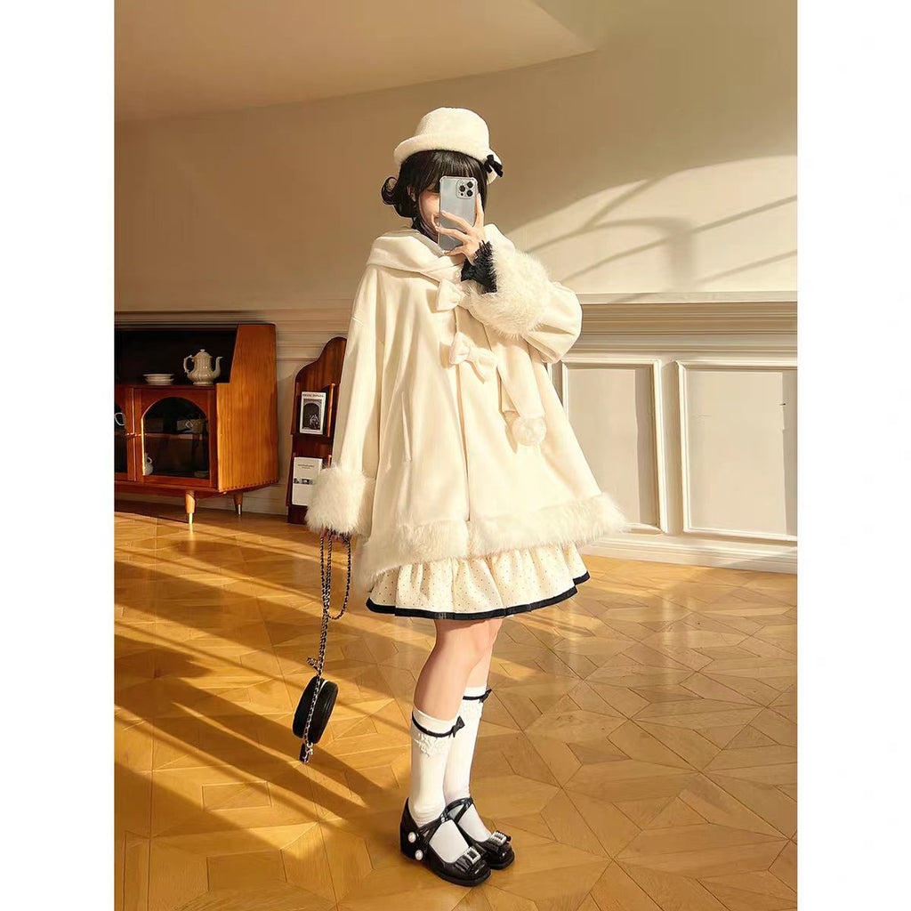 Lolita Coat Wool Cape Bow Scarf Integrated Warm Winter Cloak with Hood for Women