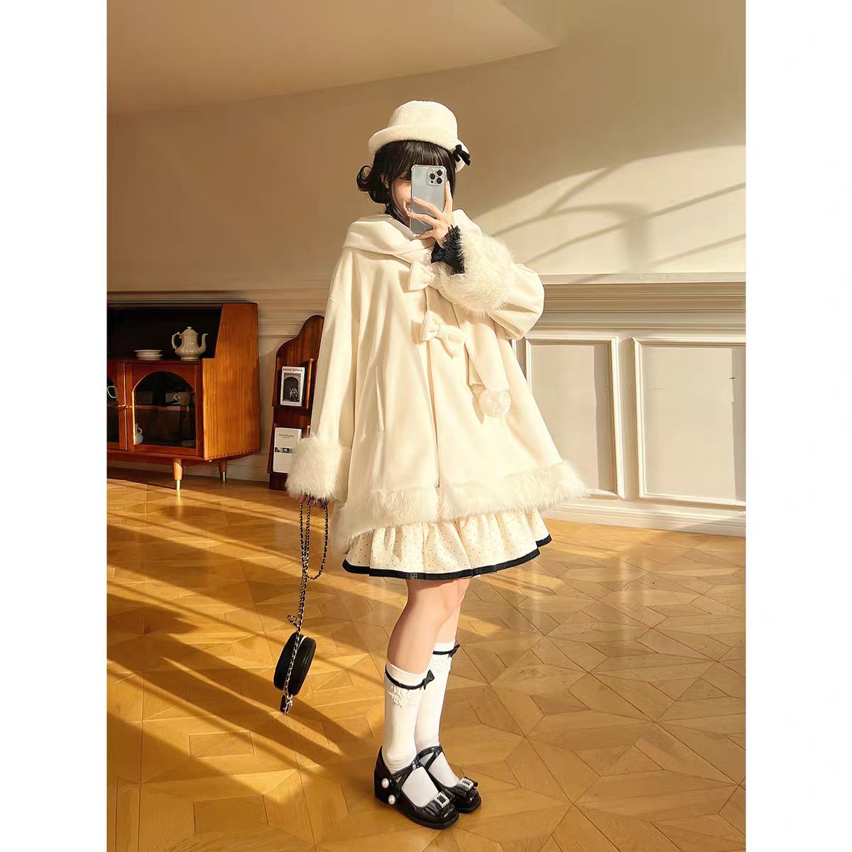 Lolita Coat Wool Cape Bow Scarf Integrated Warm Winter Cloak with Hood for Women