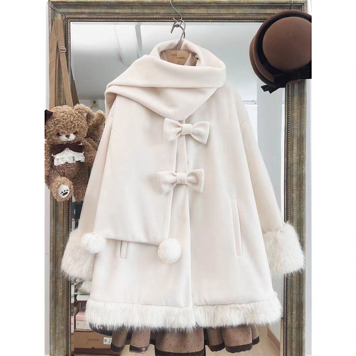 Lolita Coat Wool Cape Bow Scarf Integrated Warm Winter Cloak with Hood for Women