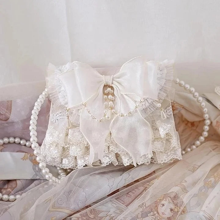 Lolita Elegant Tea Party Handbag Ivory Lace Pearl Chain Crossbody Bag