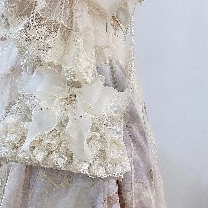 Lolita Elegant Tea Party Handbag Ivory Lace Pearl Chain Crossbody Bag