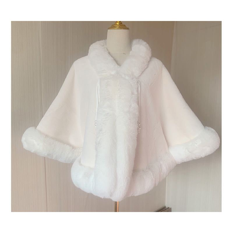Lolita Fur Collar Cape Shawl Winter Plush Thickened Warm Chinese Woolen Coat Outer Cover