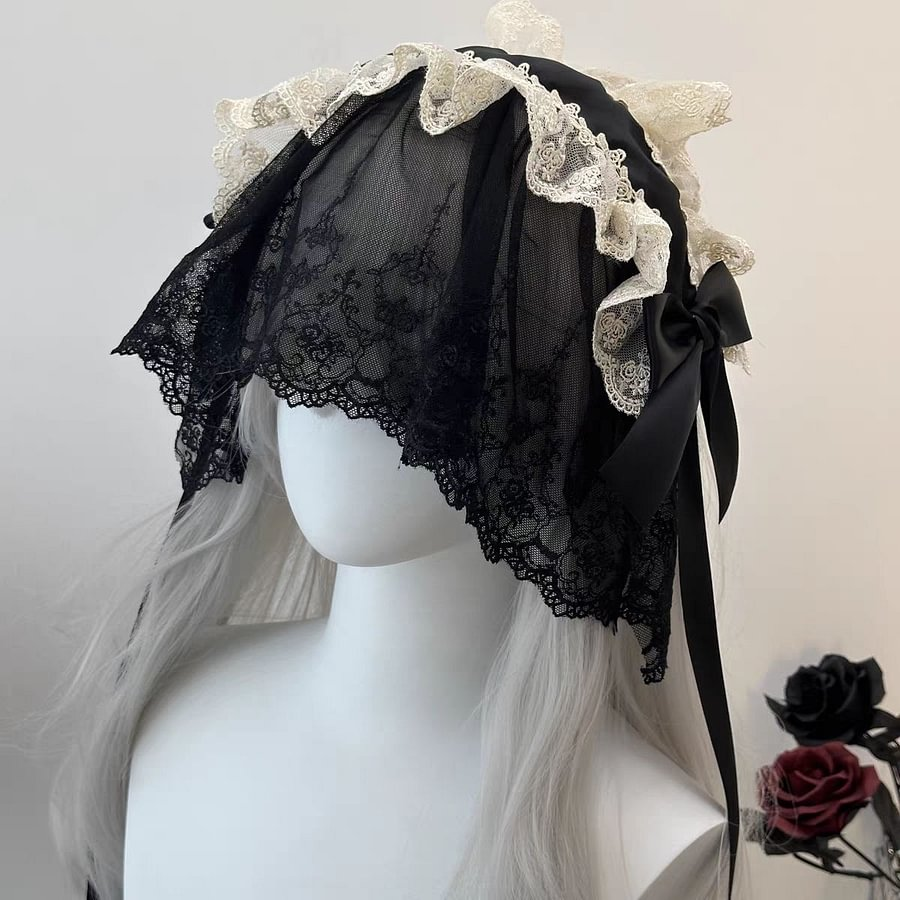 Lolita Hair Accessories Gothic Lace Dark Headband Nun Style Veil for Halloween