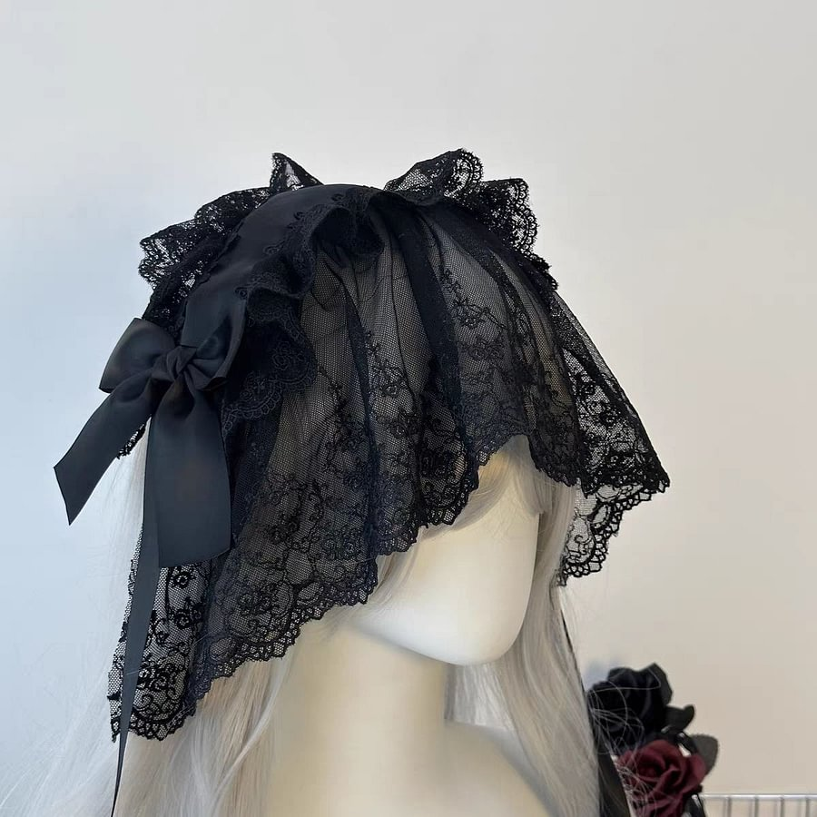 Lolita Hair Accessories Gothic Lace Dark Headband Nun Style Veil for Halloween