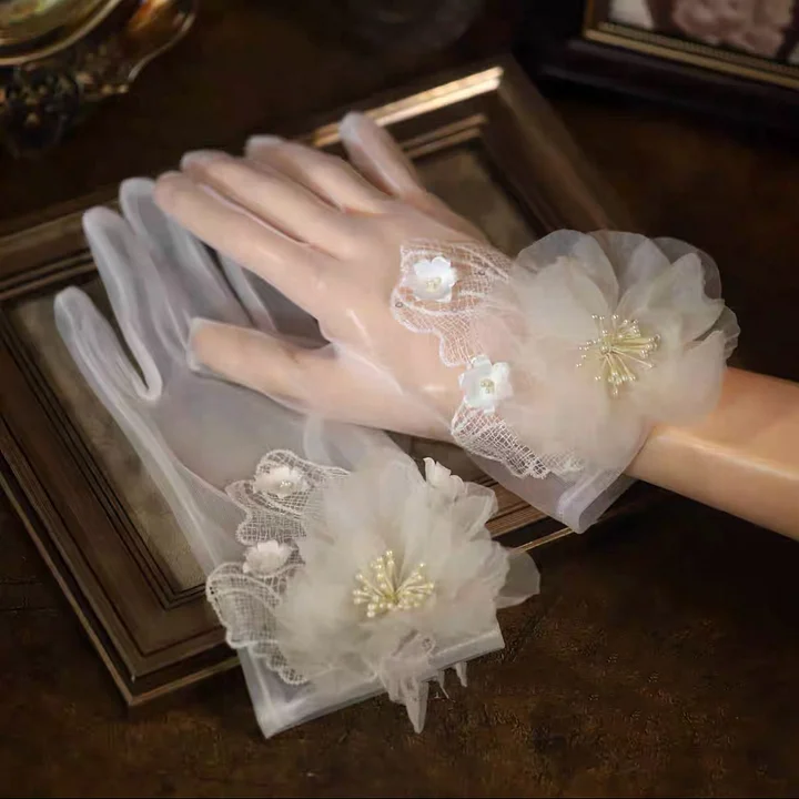 Lolita Hand Accessories Fairy White Feather Lace Gloves Bride Dreamy for Wedding Accessories