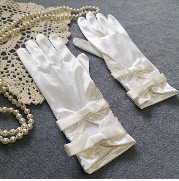 Lolita Hand Accessories Pearl White Bridal Satin Bow Elegant Vintage Gloves for Wedding