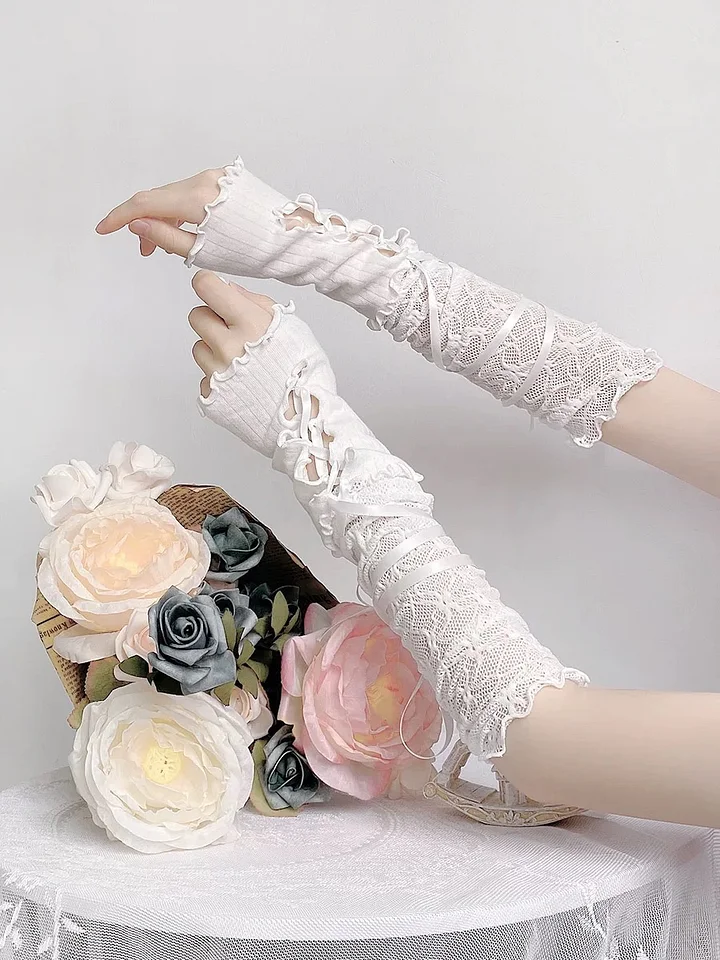 Lolita Hand Accessories White Lace Tie Hand-sleeves Sweet Gothic Straps Gloves