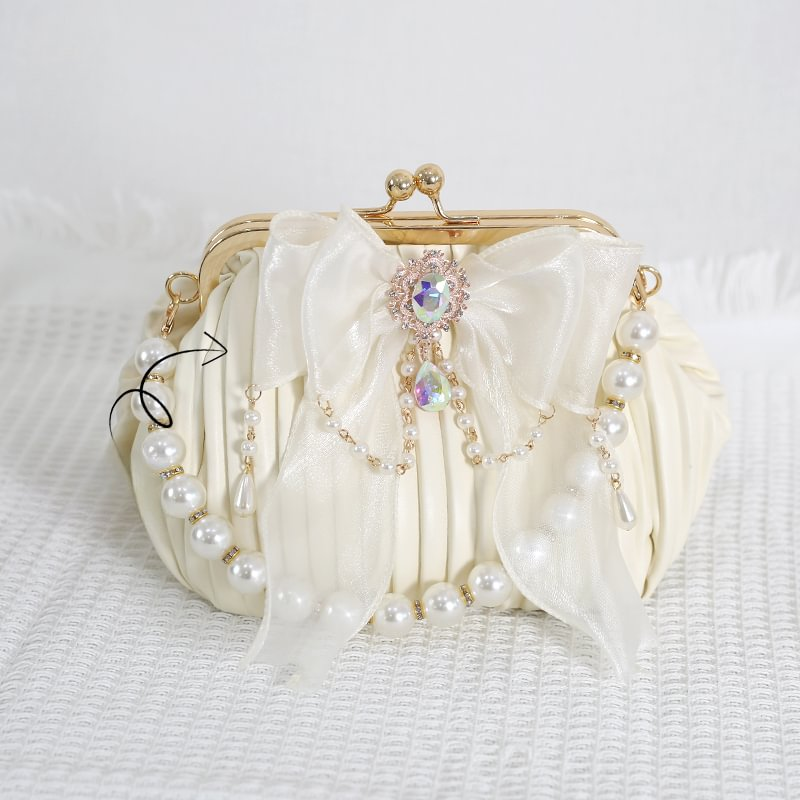 Lolita Handbag Black and White Lace Handmade Pearl Bow Shell Bag Crossbody Vintage Bag