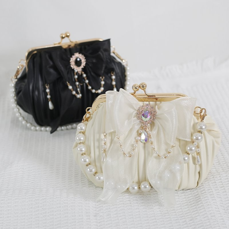 Lolita Handbag Black and White Lace Handmade Pearl Bow Shell Bag Crossbody Vintage Bag