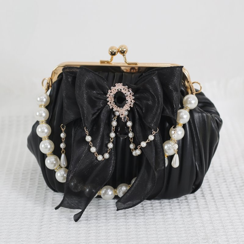 Lolita Handbag Black and White Lace Handmade Pearl Bow Shell Bag Crossbody Vintage Bag