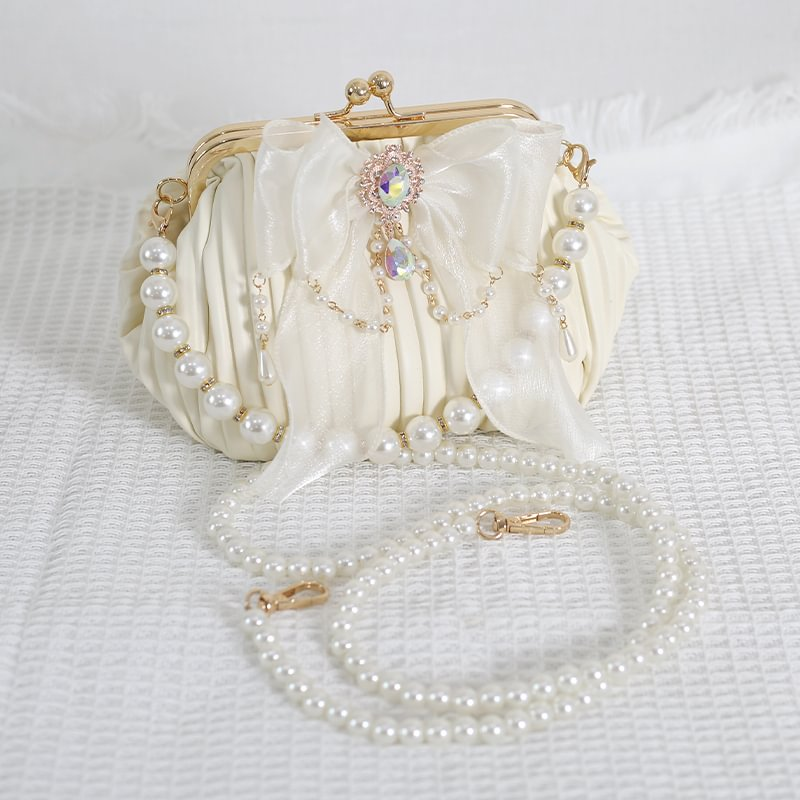 Lolita Handbag Black and White Lace Handmade Pearl Bow Shell Bag Crossbody Vintage Bag