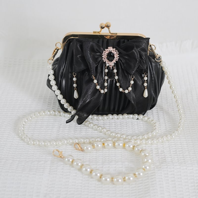 Lolita Handbag Black and White Lace Handmade Pearl Bow Shell Bag Crossbody Vintage Bag