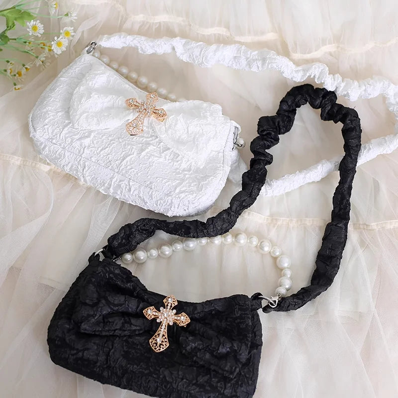 Lolita Handbag Cute White Black Cross French Fashion Textured Shoulder Bag Lolita Accessories