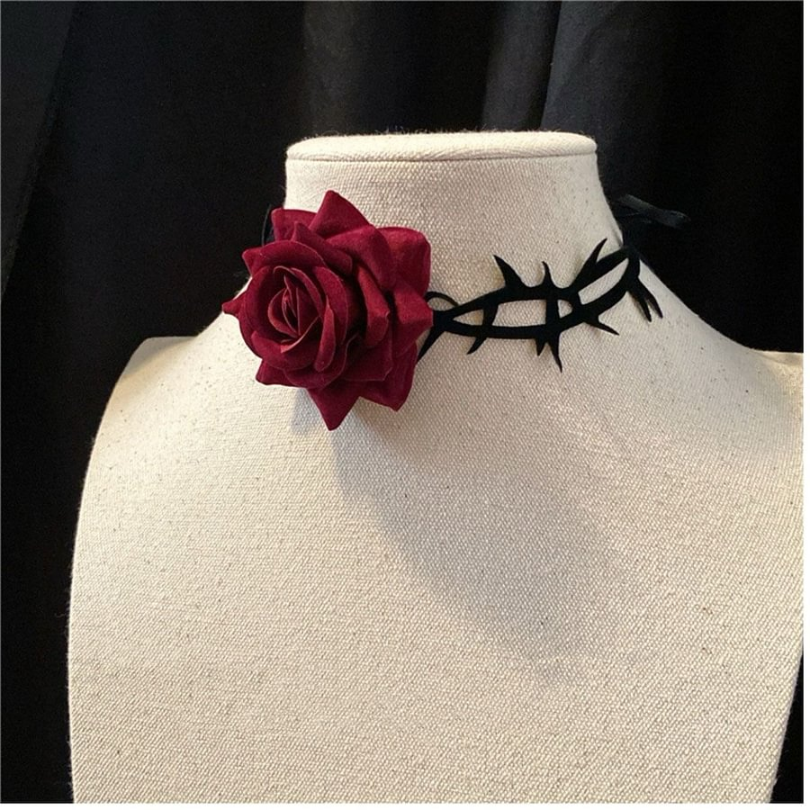 Lolita Necklace Accessories Dark Gothic Black Rose Thorns Lace Tie Punk