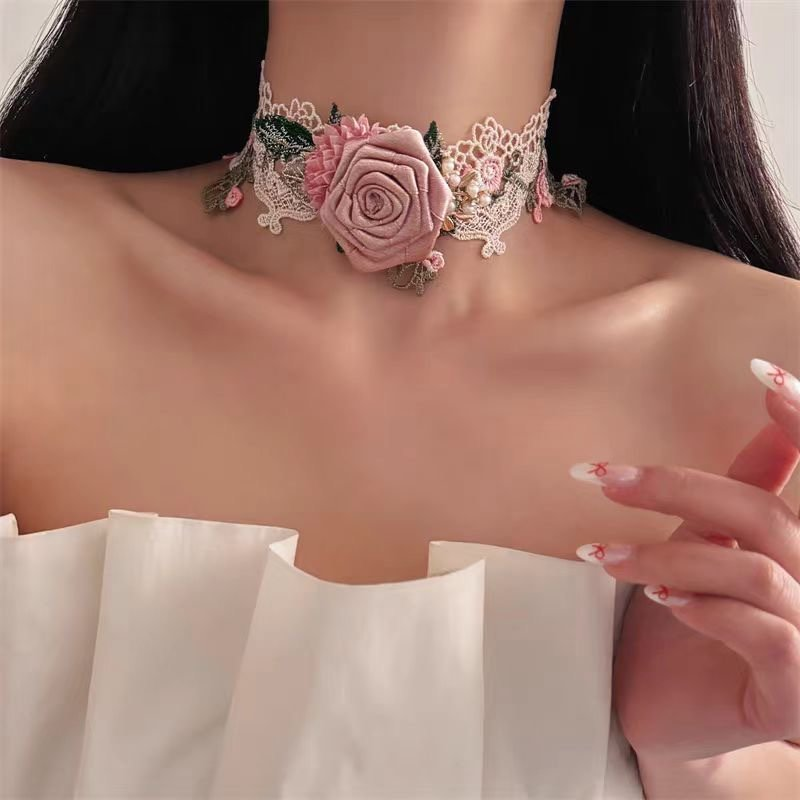 Lolita Necklace Accessories Elegant Pink Rose Lace Chock Fairy Necklace