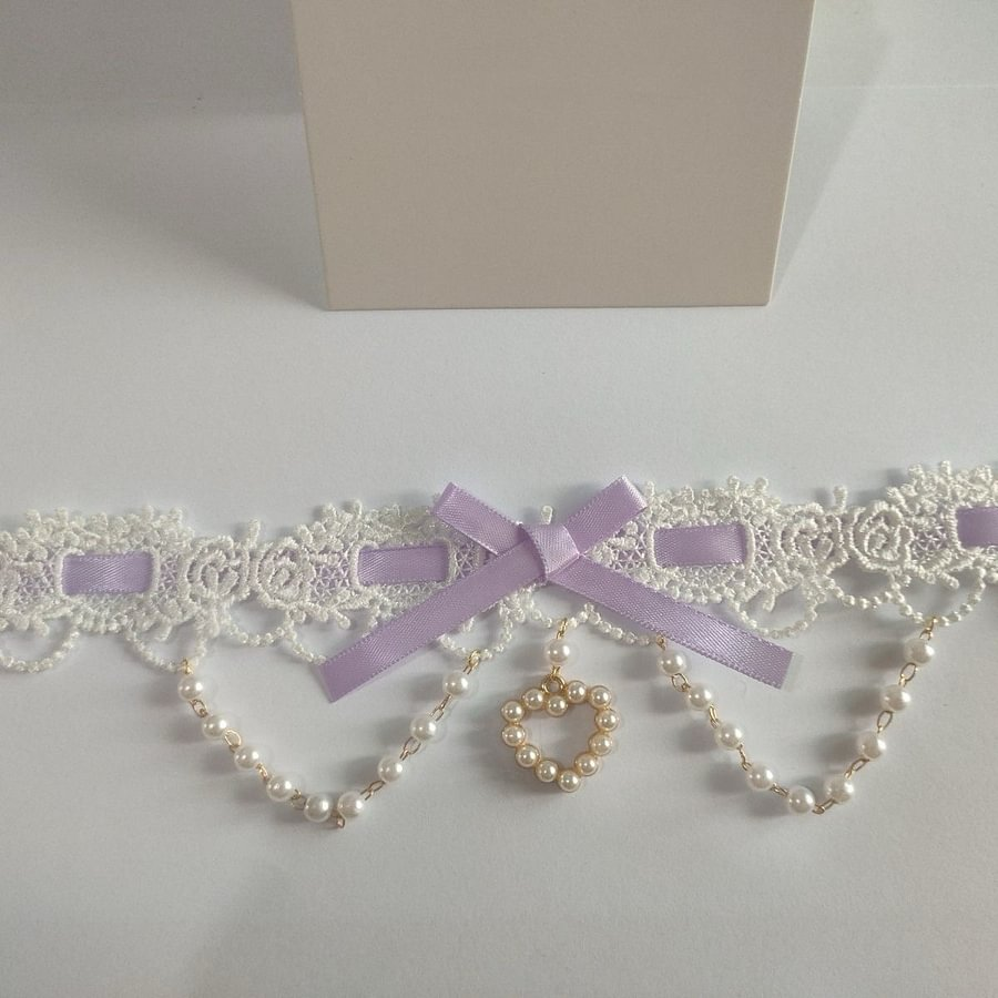Lolita Necklace Sweet Pink with Lace Pearl Bow Choker Macaron Colors