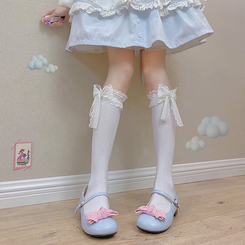 Lolita Stockings Bow Tube White Lace Calf Japanese Spring and Autumn Lolita Accessories