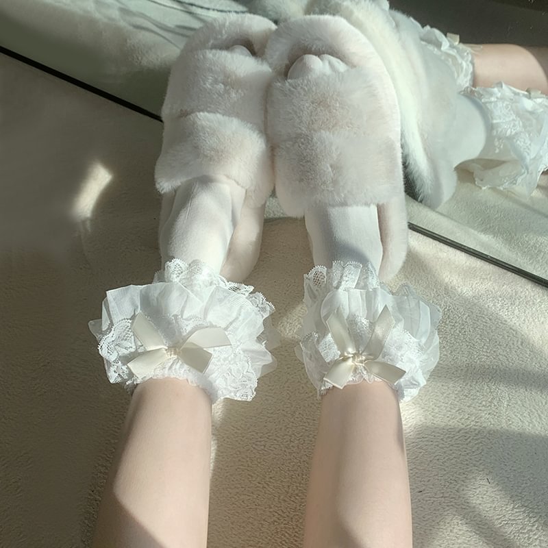 Lolita Stockings Bow Tube White Lace Calf Japanese Spring and Autumn Lolita Accessories