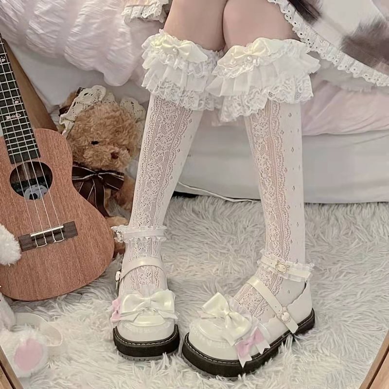 Lolita Stockings Bow Tube White Lace Calf Japanese Spring and Autumn Lolita Accessories
