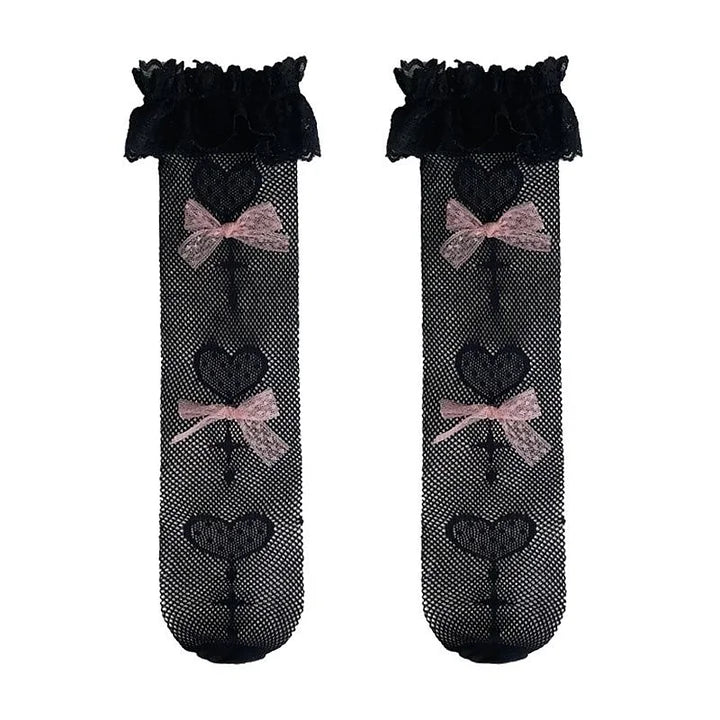 Lolita Stockings Sweet Gothic Lolita Socks Heart Bow Lace Hollow Calf Socks Black-pink Lolita Accessories