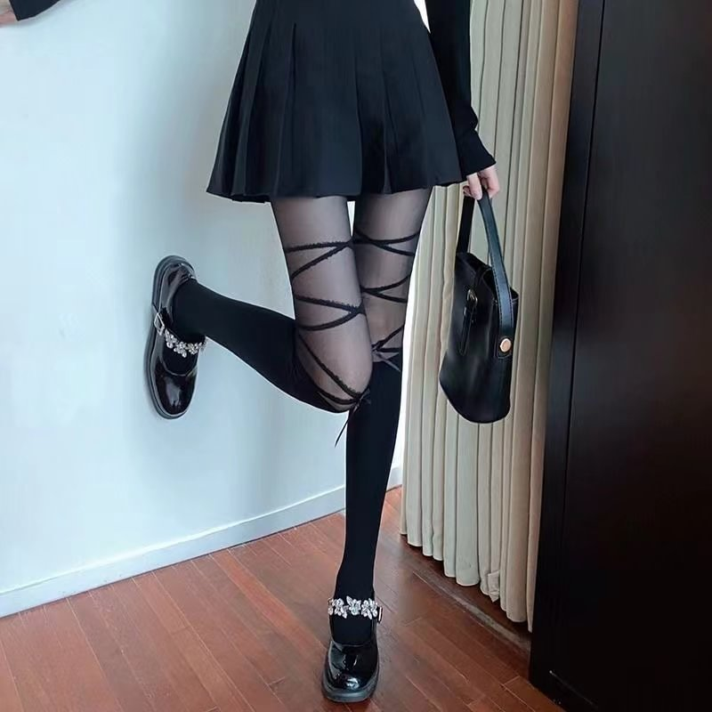 Lolita Stockings White Black Ballet Splicing Strap with Bow Summer Socks Lolita Accessories