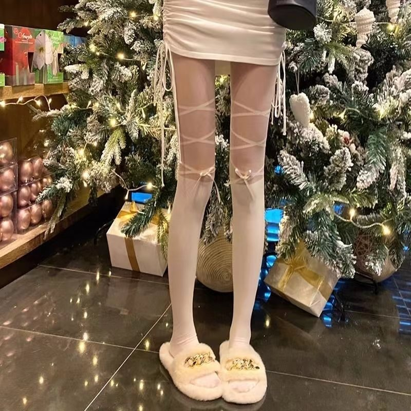 Lolita Stockings White Black Ballet Splicing Strap with Bow Summer Socks Lolita Accessories
