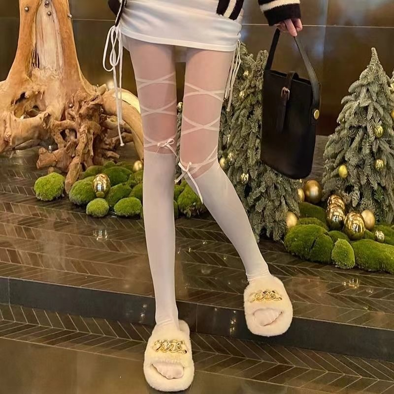 Lolita Stockings White Black Ballet Splicing Strap with Bow Summer Socks Lolita Accessories