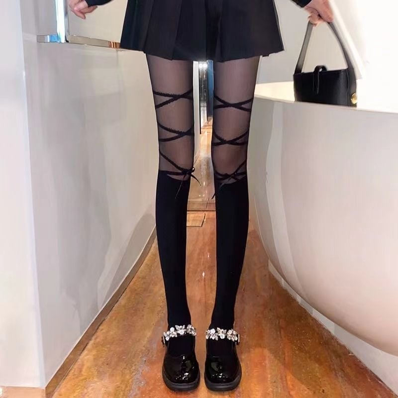 Lolita Stockings White Black Ballet Splicing Strap with Bow Summer Socks Lolita Accessories