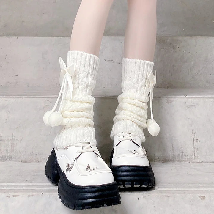 Lolita Stockings White Japanese Leg Thickened Pink Bow Stacked Socks Accessories