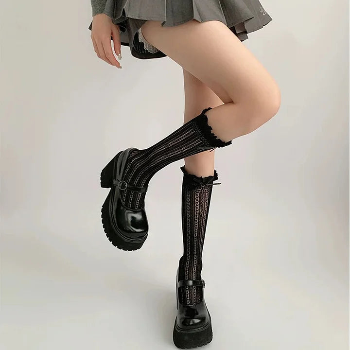 Lolita Thin Socks Lace Bow Sweet Hollow Calf Socks Stockings
