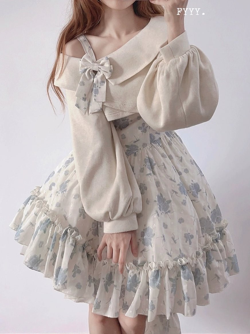 Lolita Twilight Rose Sweet Lolita Dress Sweater and Floral Print JSK Pink Blue Flower