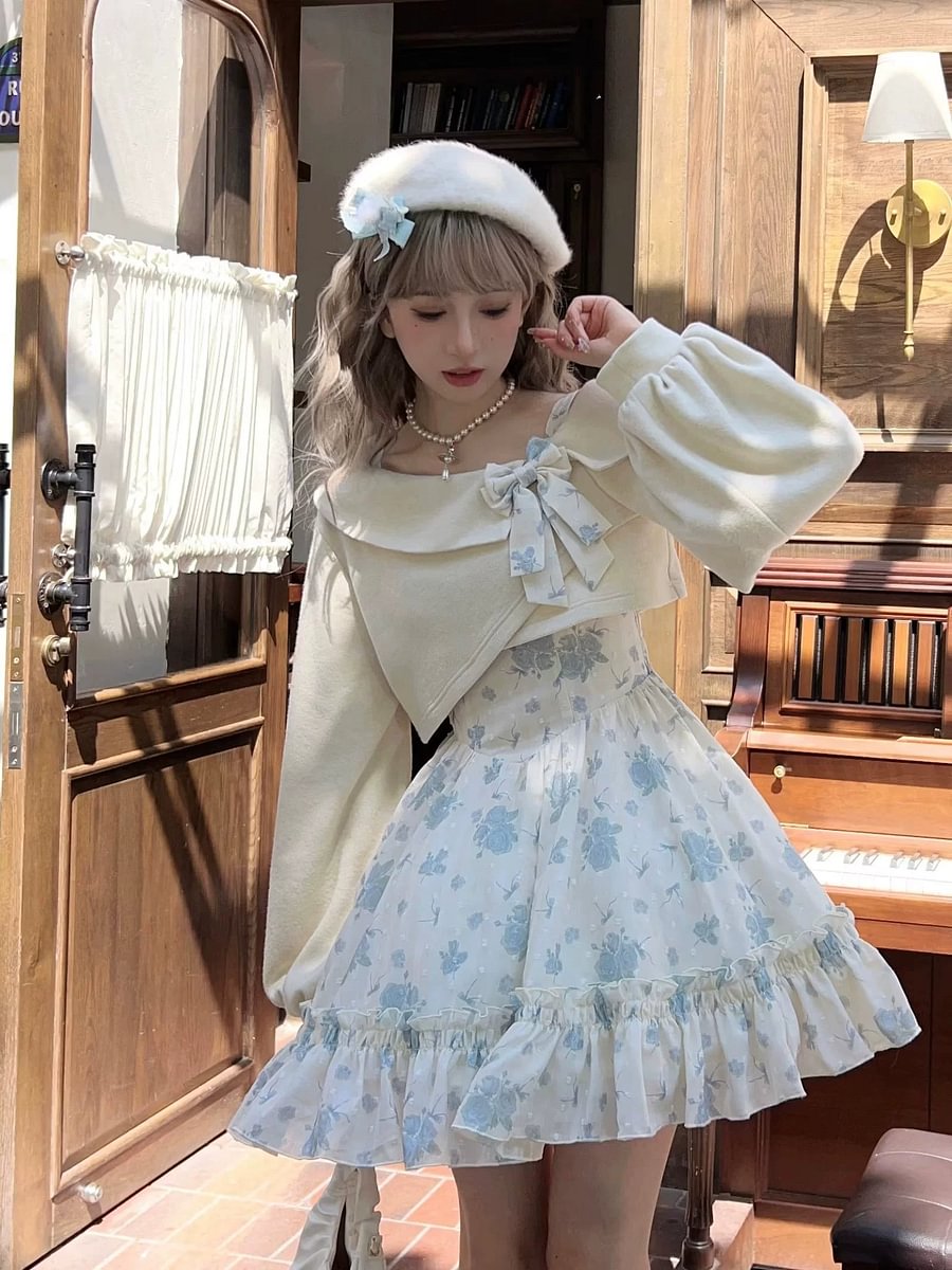 Lolita Twilight Rose Sweet Lolita Dress Sweater and Floral Print JSK Pink Blue Flower