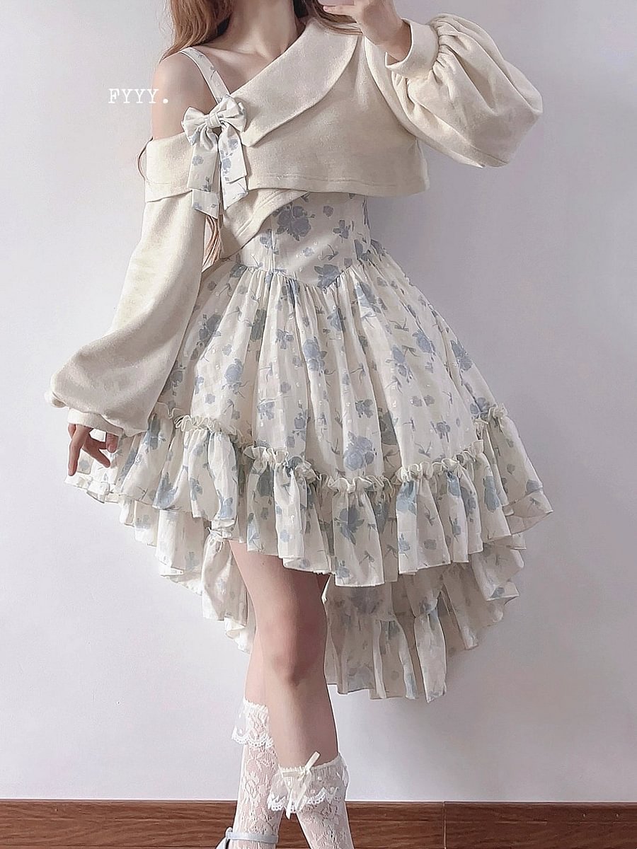 Lolita Twilight Rose Sweet Lolita Dress Sweater and Floral Print JSK Pink Blue Flower
