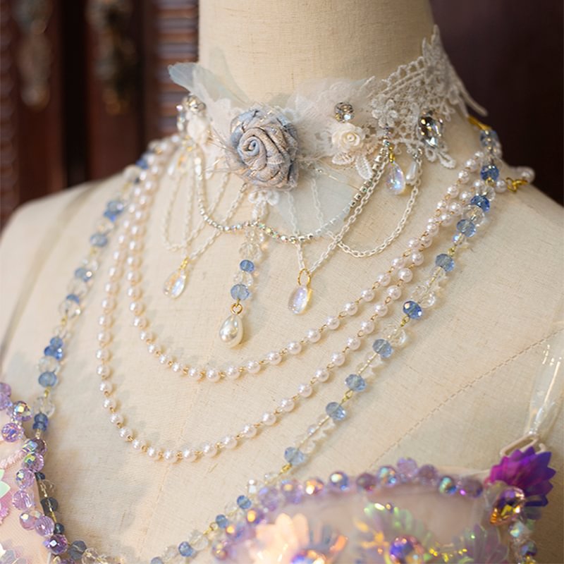 Lolita Necklace Handmade Rose Lace Choker Pearl Crystal Lolita Accessories