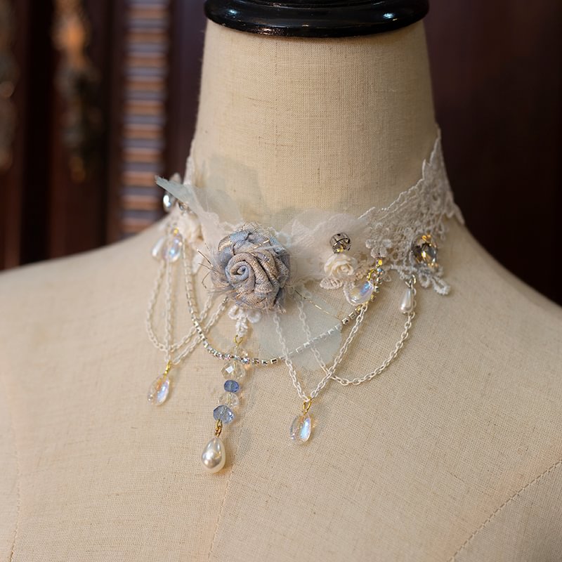 Lolita Necklace Handmade Rose Lace Choker Pearl Crystal Lolita Accessories