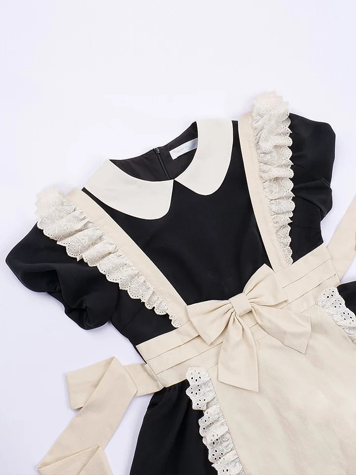 Maid Outfit Ancient Wind Pleated Lace Op Send Bow Lolita Dresses