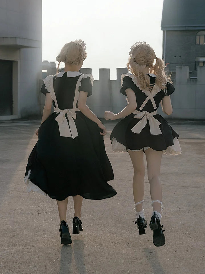 Maid Outfit Ancient Wind Pleated Lace Op Send Bow Lolita Dresses