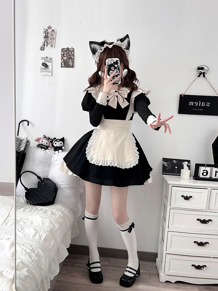 Maid Outfit Ancient Wind Pleated Lace Op Send Bow Lolita Dresses