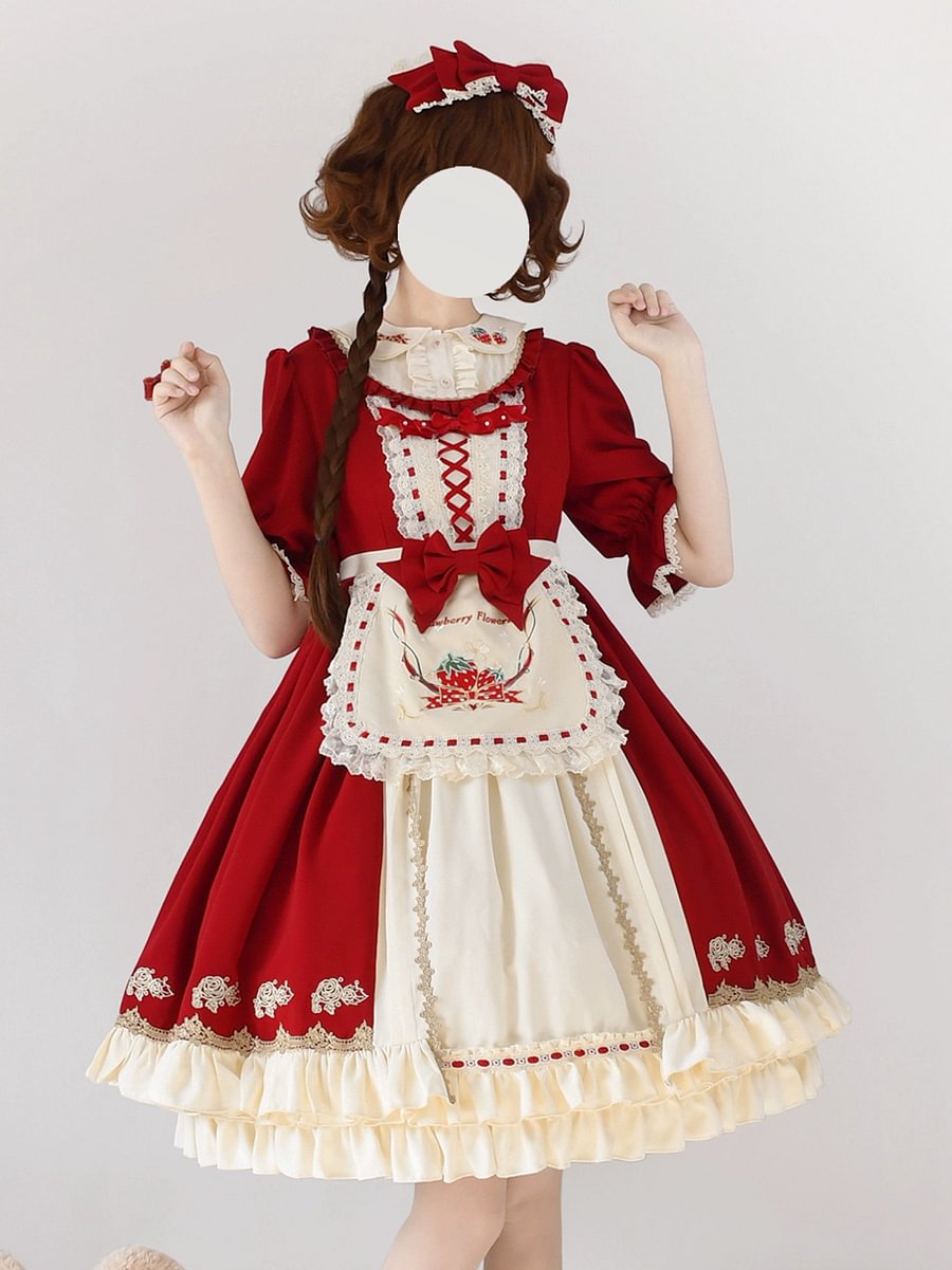 Maid Red Christmas Dress Sweet Lolita Maid Apron Short Sleeve OP